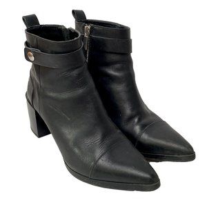 Zara Ankle Boots Women US 7.5 EU 38 Black Pointy Toe Block Heel Strap Moto Biker
